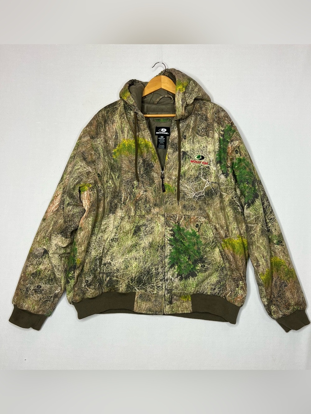 Vintage Mossy Oak Brush Jacket Men's Camo Hunting Hood Zip Shooting Size 2XL XXL